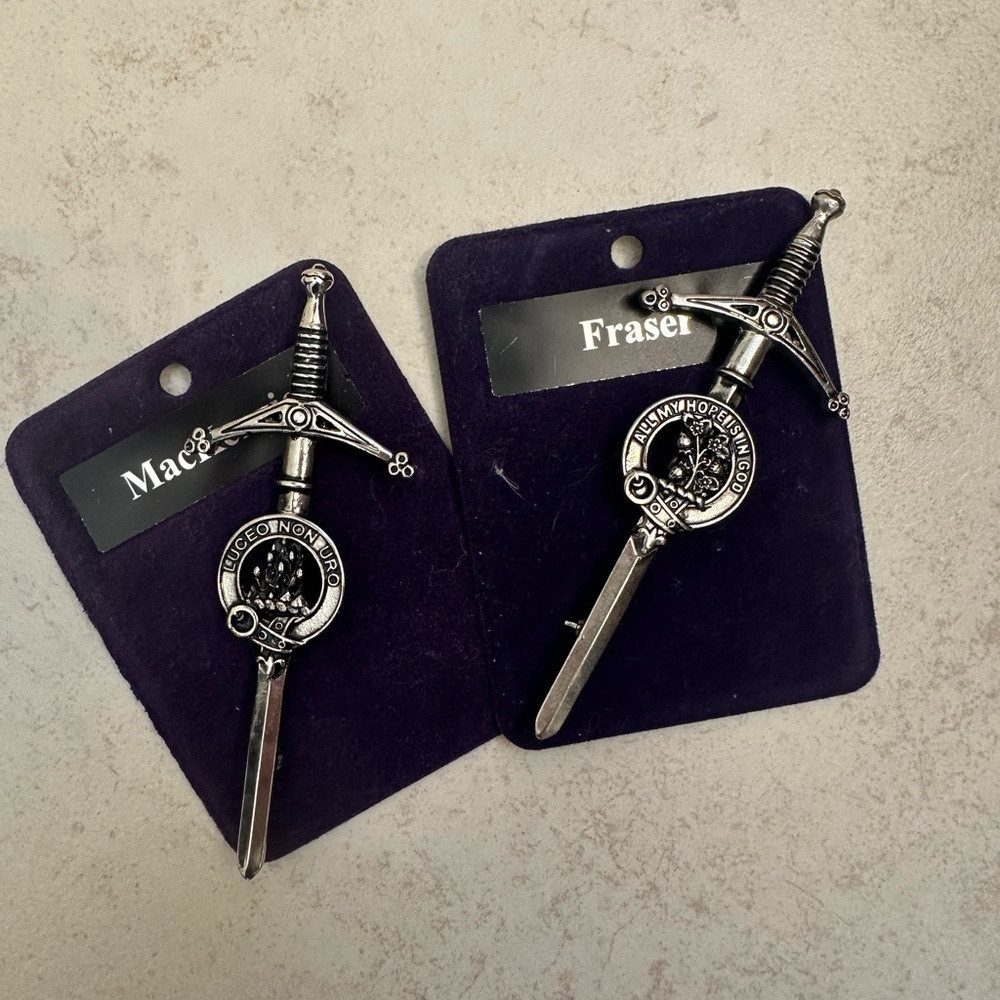 Outlander McKenzie and Fraser Clan Sword Kilt Pins- Silver